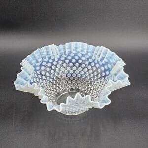 Vintage FENTON Moonstone Opalescent RUFFLED White HOBNAIL Art Glass Bowl